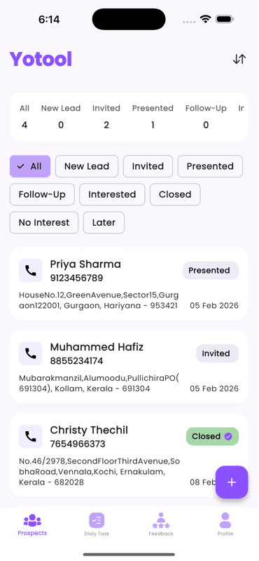Yotool personal CRM dashboard screen